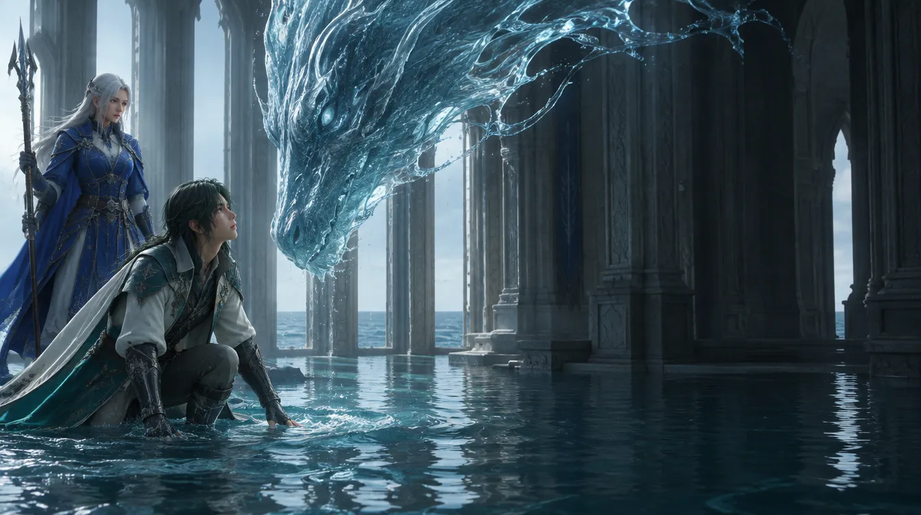 Cutscene di Low Tide Cloister: Cael berlutut di air yang membanjiri aula, kepala naga dari air laut menatapnya, Isra berdiri di belakang dengan tombak
